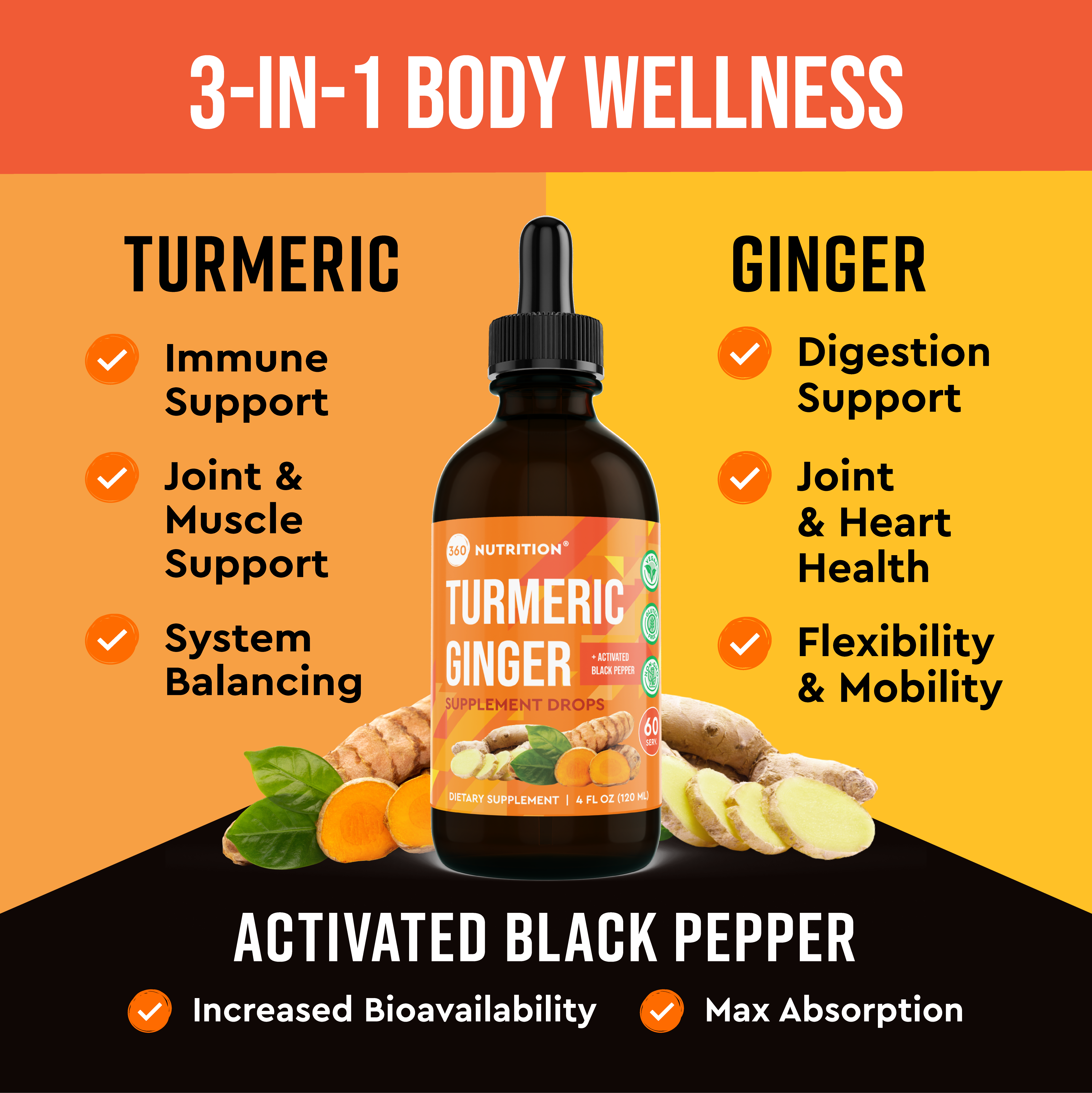 Ginger Turmeric 12 Shots, Bout. de 360 ml (Gingembre Curcuma)